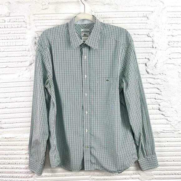 Lacoste Modern Fit Button Up Shirt Green Black & Gray Plaid 100% Cotton Size 42 - Picture 1 of 15